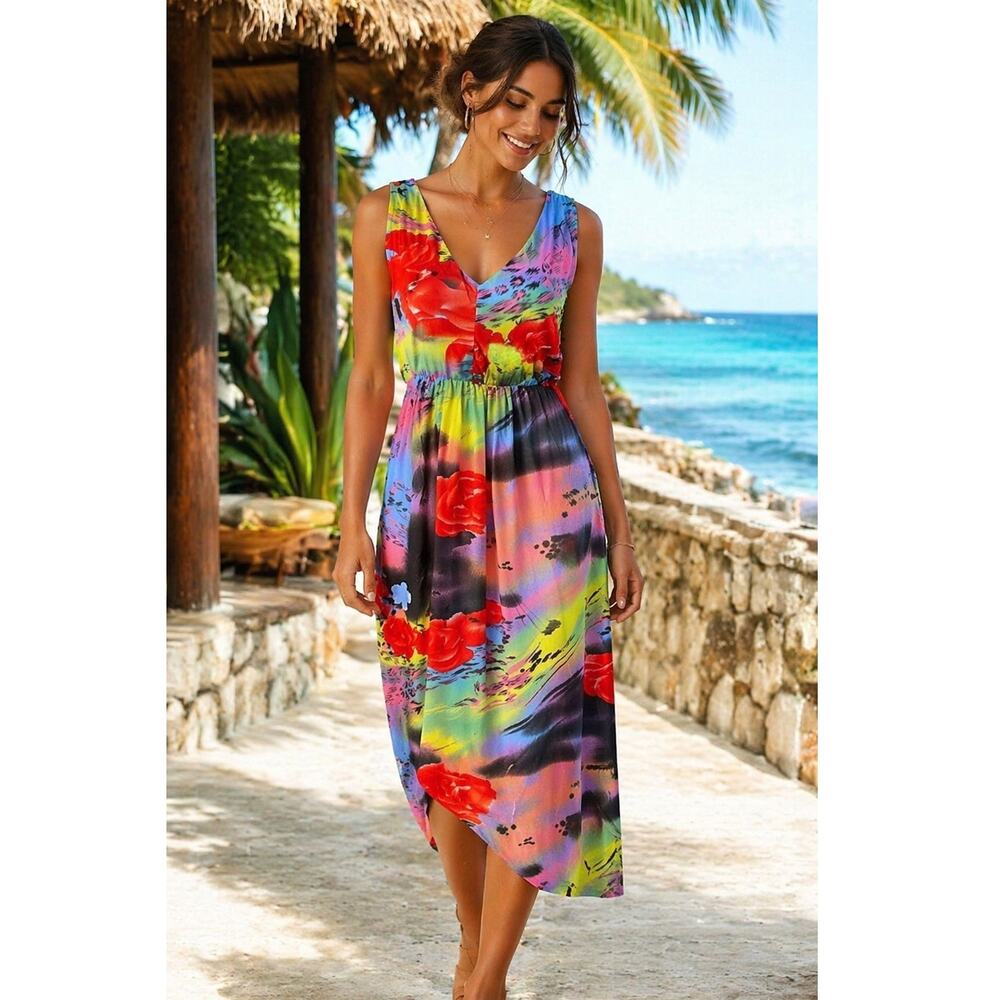 NWT Island Floral Asymmetrical Cross Back Sundress L